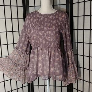 Lavender Smocked Mixed-Print Bell-Sleeve Top